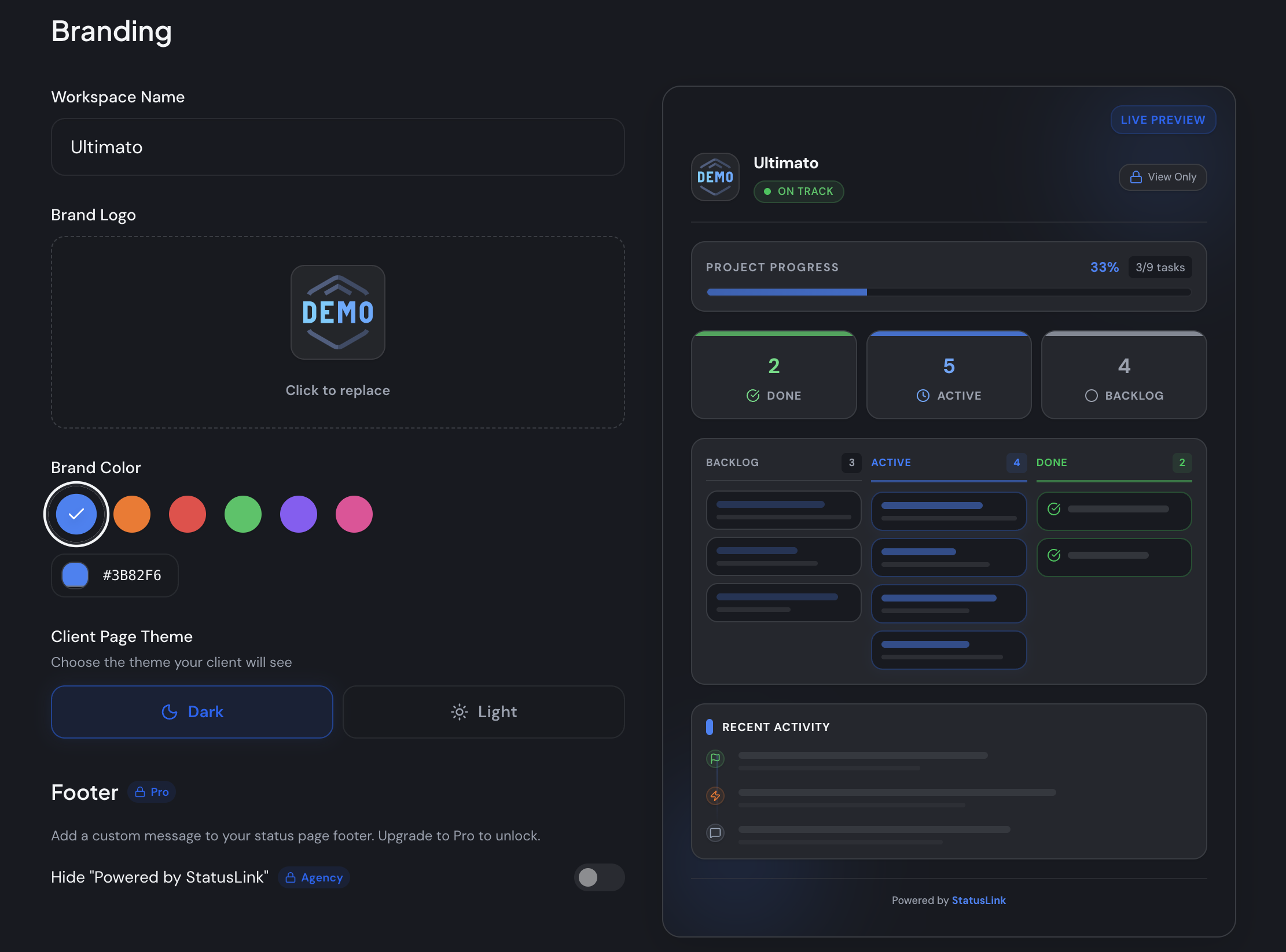 The StatusLink branding panel: workspace name, logo upload, brand color swatches, and a light/dark client-page theme toggle, with a live preview of the resulting client status page.
