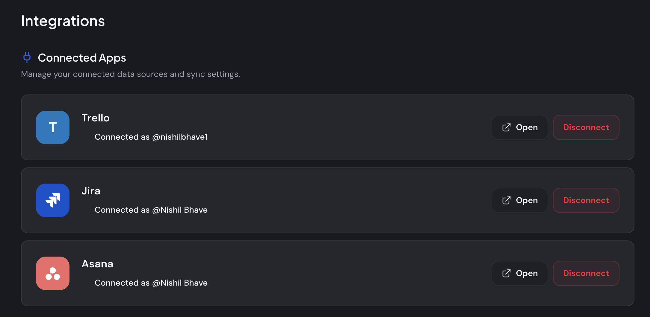 The StatusLink integrations screen showing Trello, Jira, and Asana each connected as a data source, with Open and Disconnect controls — the board you already use becomes the source of truth for the client status page.